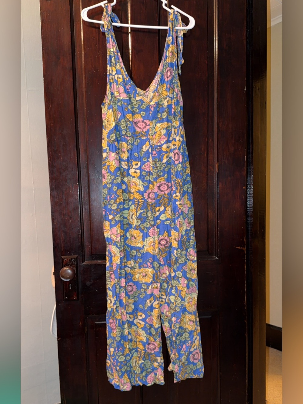 Blue Floral Sleeveless Jumpsuit with Pink & Yellow Blooms
